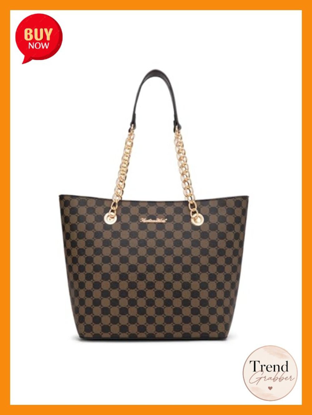 Faux Leather Tote Bag with Gold Chain Top Handle & Zipper